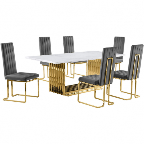 D313 7 Piece Dining Set in White Marble, Gold Stainless Steel & Dark Gray Velvet