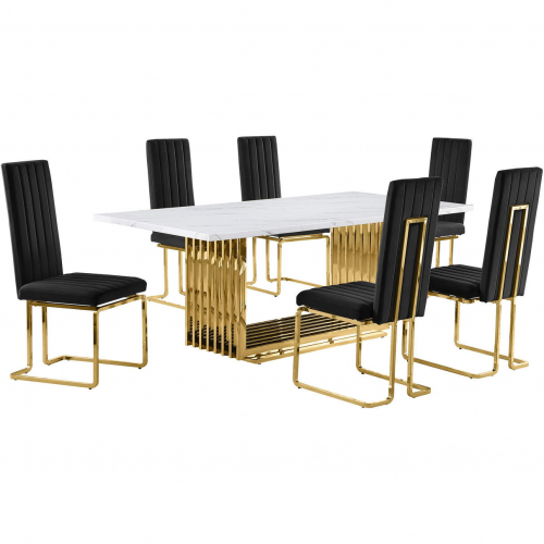 D313 7 Piece Dining Set in White Marble, Gold Stainless Steel & Black Velvet