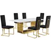 D313 7 Piece Dining Set in White Marble, Gold Stainless Steel & Black Velvet