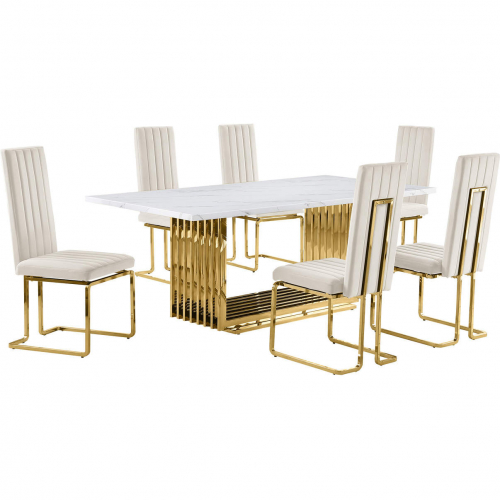 D313 7 Piece Dining Set in White Marble, Gold Stainless Steel & Cream Velvet