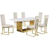 D313 7 Piece Dining Set in White Marble, Gold Stainless Steel & Cream Velvet