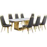 D313 9 Piece Dining Set in White Marble, Gold Stainless Steel & Dark Gray Velvet