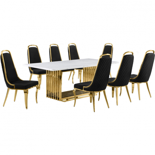 D313 9 Piece Dining Set in White Marble, Gold Stainless Steel & Black Velvet