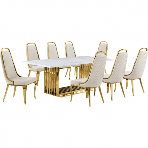 D313 9 Piece Dining Set in White Marble, Gold Stainless Steel & Cream Velvet