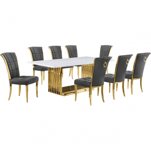 D313 9 Piece Dining Set in White Marble, Gold Stainless Steel & Dark Gray Velvet