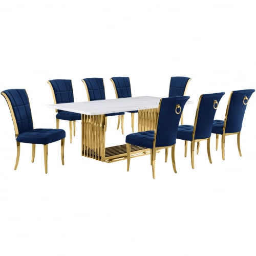 D313 9 Piece Dining Set in White Marble, Gold Stainless Steel & Navy Blue Velvet