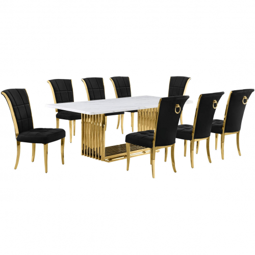 D313 9 Piece Dining Set in White Marble, Gold Stainless Steel & Black Velvet