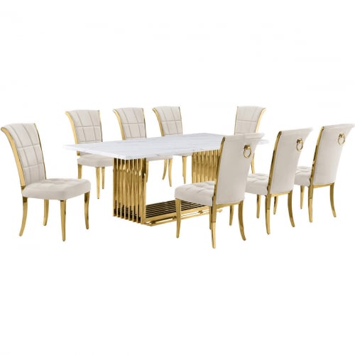 D313 9 Piece Dining Set in White Marble, Gold Stainless Steel & Cream Velvet