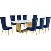 D313 9 Piece Dining Set in White Marble, Gold Stainless Steel & Navy Blue Velvet