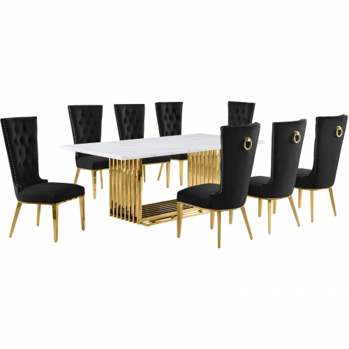 D313 9 Piece Dining Set in White Marble, Gold Stainless Steel & Black Velvet