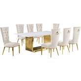 D313 9 Piece Dining Set in White Marble, Gold Stainless Steel & Cream Velvet