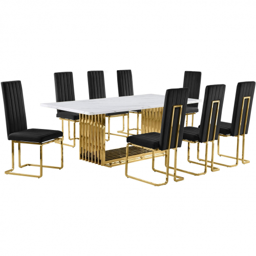 D313 9 Piece Dining Set in White Marble, Gold Stainless Steel & Black Velvet