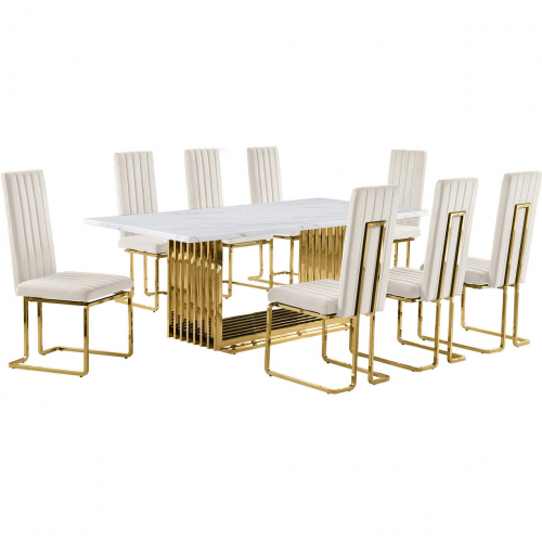 D313 9 Piece Dining Set in White Marble, Gold Stainless Steel & Cream Velvet