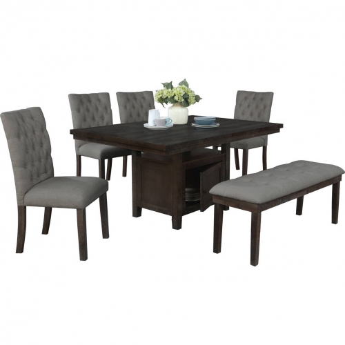 D31 6 Piece Dining Set in Tufted Gray Linen & Rustic Dark Oak Wood