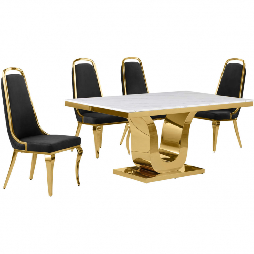 D320 5 Piece Dining Set in White Marble, Gold Stainless Steel & Black Velvet