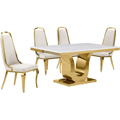 D320 5 Piece Dining Set in White Marble, Gold Stainless Steel & Cream Velvet