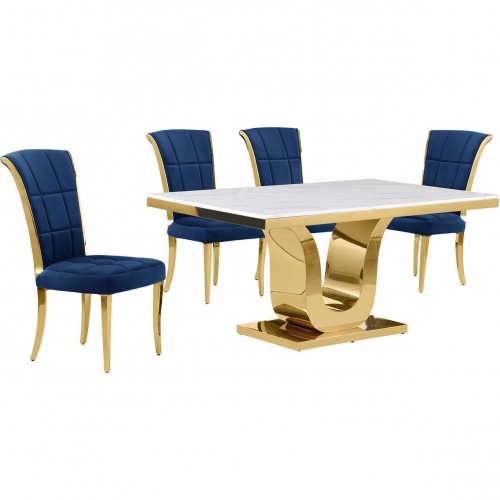 D320 5 Piece Dining Set in White Marble, Gold Stainless Steel & Navy Blue Velvet