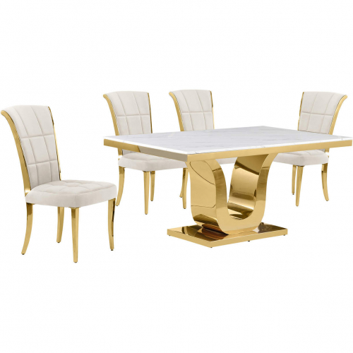 D320 5 Piece Dining Set in White Marble, Gold Stainless Steel & Cream Velvet