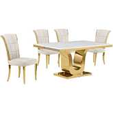 D320 5 Piece Dining Set in White Marble, Gold Stainless Steel & Cream Velvet