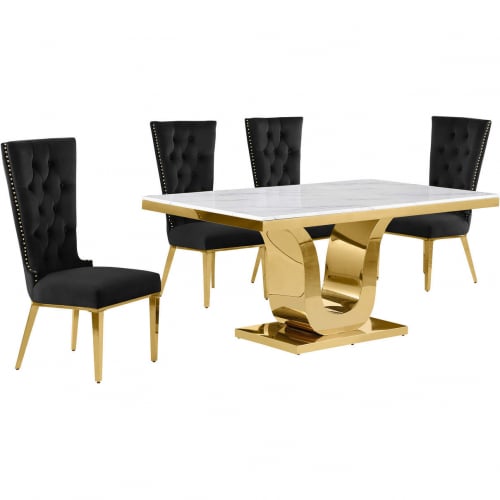 D320 5 Piece Dining Set in White Marble, Gold Stainless Steel & Black Velvet