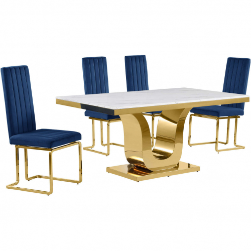 D320 5 Piece Dining Set in White Marble, Gold Stainless Steel & Navy Blue Velvet