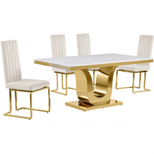 D320 5 Piece Dining Set in White Marble, Gold Stainless Steel & Cream Velvet