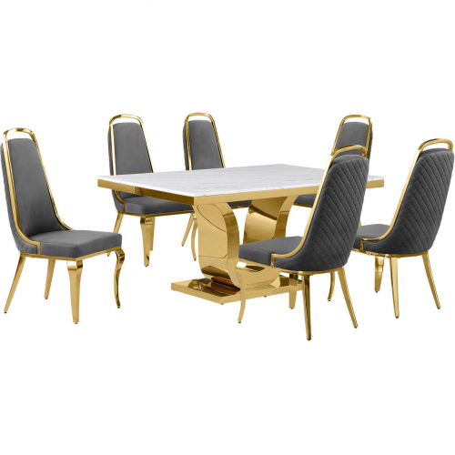 D320 7 Piece Dining Set in White Marble, Gold Stainless Steel & Dark Gray Velvet