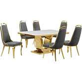 D320 7 Piece Dining Set in White Marble, Gold Stainless Steel & Dark Gray Velvet