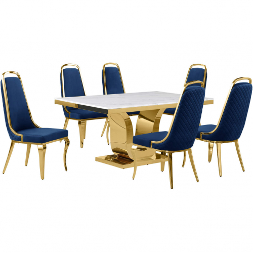 D320 7 Piece Dining Set in White Marble, Gold Stainless Steel & Navy Blue Velvet