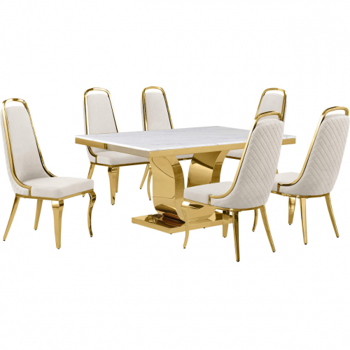 D320 7 Piece Dining Set in White Marble, Gold Stainless Steel & Cream Velvet