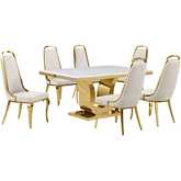 D320 7 Piece Dining Set in White Marble, Gold Stainless Steel & Cream Velvet