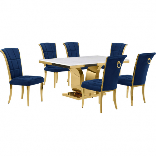 D320 7 Piece Dining Set in White Marble, Gold Stainless Steel & Navy Blue Velvet