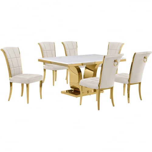 D320 7 Piece Dining Set in White Marble, Gold Stainless Steel & Cream Velvet