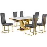 D320 7 Piece Dining Set in White Marble, Gold Stainless Steel & Dark Gray Velvet