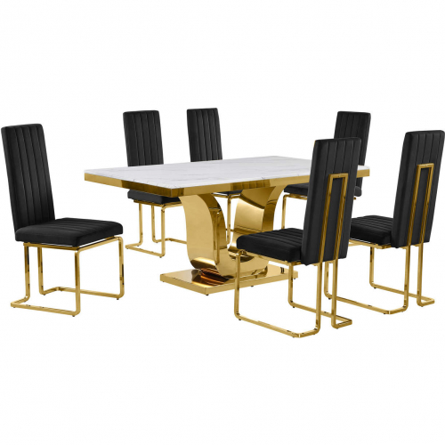 D320 7 Piece Dining Set in White Marble, Gold Stainless Steel & Black Velvet