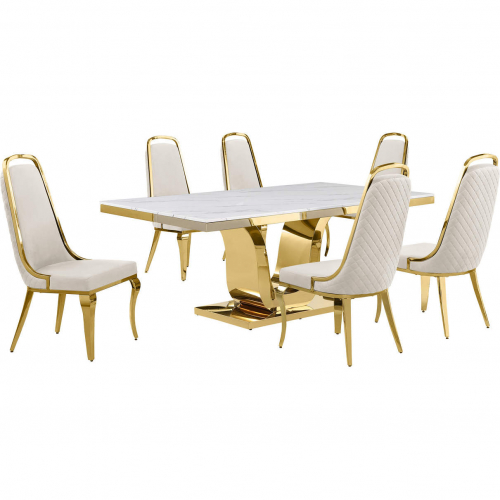 D320 7 Piece Dining Set in White Marble, Gold Stainless Steel & Cream Velvet