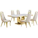 D320 7 Piece Dining Set in White Marble, Gold Stainless Steel & Cream Velvet