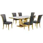 D320 7 Piece Dining Set in White Marble, Gold Stainless Steel & Dark Gray Velvet