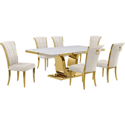 D320 7 Piece Dining Set in White Marble, Gold Stainless Steel & Cream Velvet