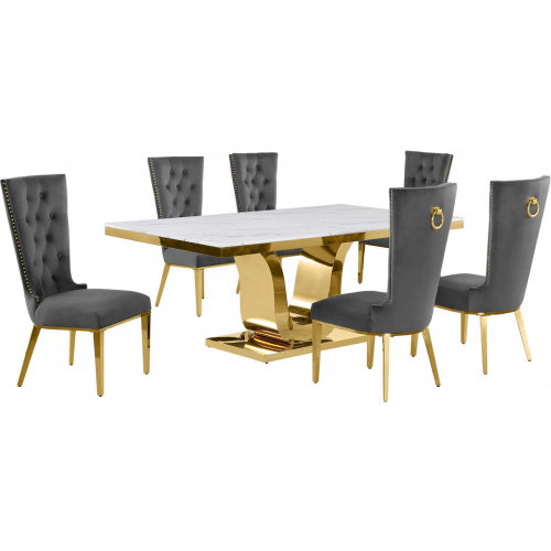 D320 7 Piece Dining Set in White Marble, Gold Stainless Steel & Dark Gray Velvet