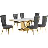 D320 7 Piece Dining Set in White Marble, Gold Stainless Steel & Dark Gray Velvet