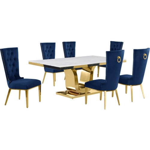 D320 7 Piece Dining Set in White Marble, Gold Stainless Steel & Navy Blue Velvet