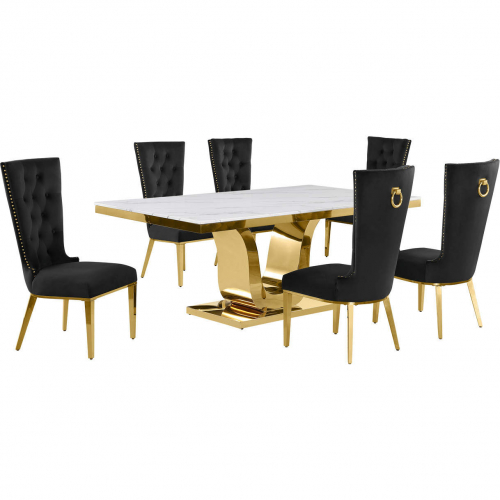 D320 7 Piece Dining Set in White Marble, Gold Stainless Steel & Black Velvet