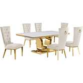 D320 7 Piece Dining Set in White Marble, Gold Stainless Steel & Cream Velvet