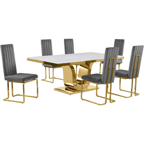 D320 7 Piece Dining Set in White Marble, Gold Stainless Steel & Dark Gray Velvet