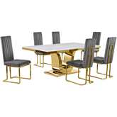 D320 7 Piece Dining Set in White Marble, Gold Stainless Steel & Dark Gray Velvet