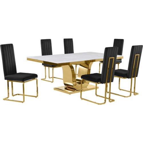 D320 7 Piece Dining Set in White Marble, Gold Stainless Steel & Black Velvet