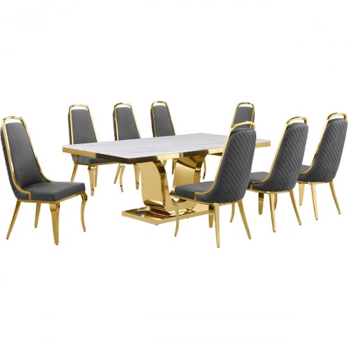 D320 9 Piece Dining Set in White Marble, Gold Stainless Steel & Dark Gray Velvet