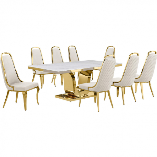 D320 9 Piece Dining Set in White Marble, Gold Stainless Steel & Cream Velvet