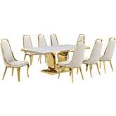 D320 9 Piece Dining Set in White Marble, Gold Stainless Steel & Cream Velvet